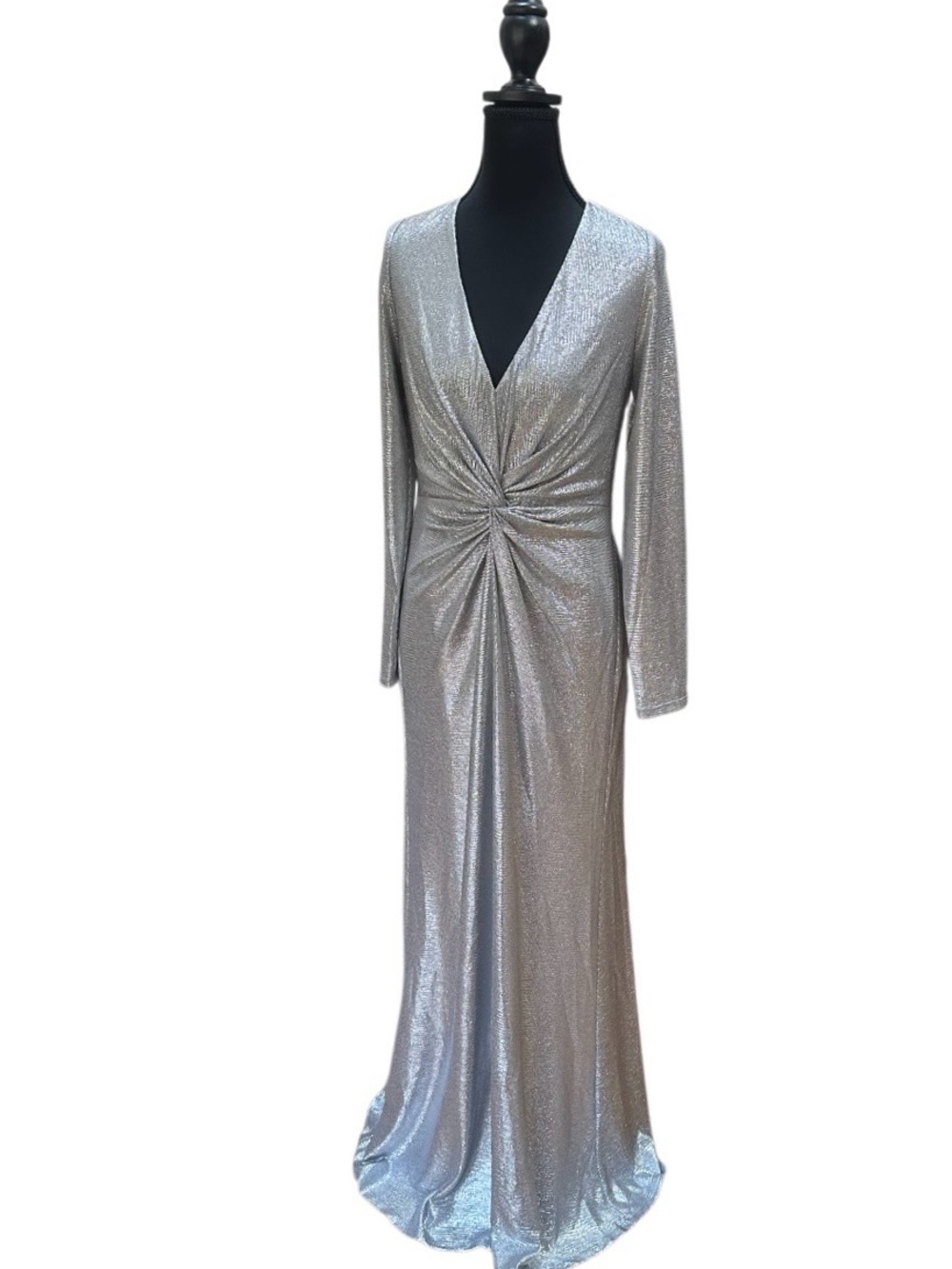Ralph Lauren Silver Long Sleeve Twist-Front Evening Gown NWT Size 8
